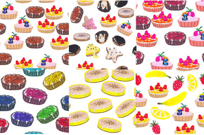 Seamless cake fruits cookies and cupcakes patterns