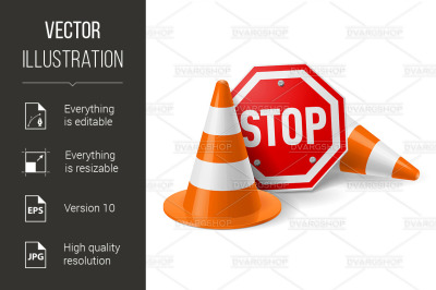 Traffic cones and red stop sign