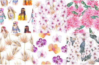 Unique summer seamless watercolor patterns, orchids, girls and palms