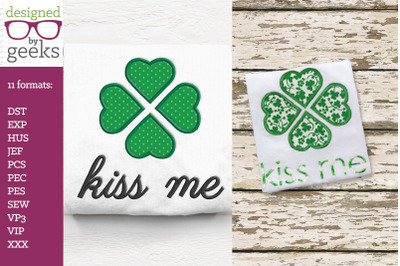 Kiss Me Large Heart Clover St. Patrick&#039;s Day Duo | Applique Embroidery