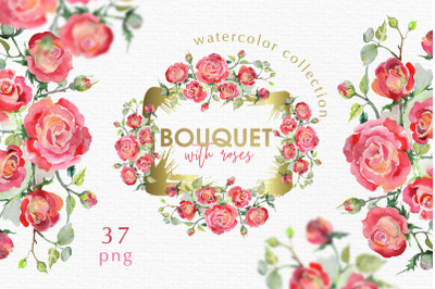 Watercolor Bouquet with red roses PNG set