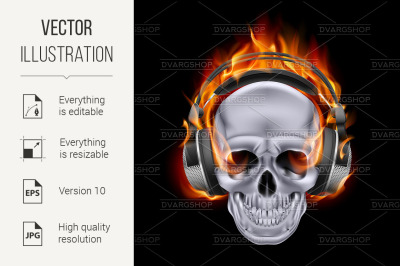 Flaming skull in headphones.