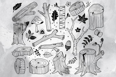 Hand Draw Nature Wood Logs Elements