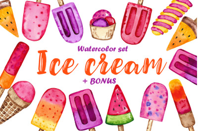 Ice cream. Watercolor set + Bonus