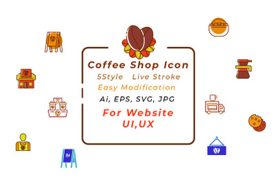 Coffee Shop Icons Package 25 icons WIth 5 Style
