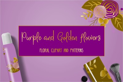 Purple and Golden Flowers. Clipart and patterns. 