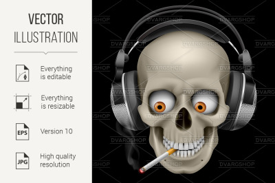 Skull with headphones with a cigarette