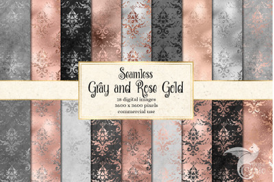 Gray and Rose Gold Damask Digital Paper