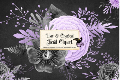 Lilac and Charcoal Floral Clipart