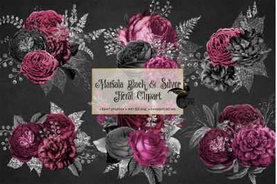 Marsala Black and Silver Floral Bouquets Clipart