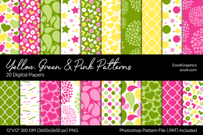 Yellow, Green And Pink Digital Papers