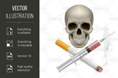 Realistic skull with a cigarette and syringe