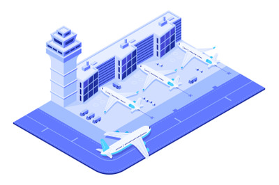 Isometric airport terminal. Jet airplane on runway&2C; airplanes flight t