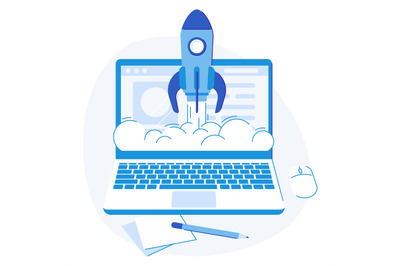 Laptop startup. Web creative strategy success launch rocket logo, busi