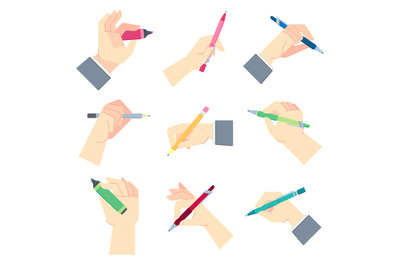 Writing accessories in hands. Pen in businessman hand, write on paper