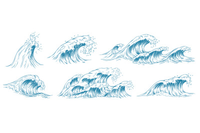 Sea waves sketch. Storm wave, vintage tide and ocean beach storms hand