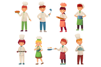 Cartoon cooking children. Little chef cooks food, kid cook and gourmet