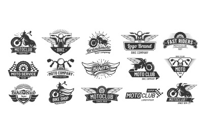 Motorcycle badges. Bikers club emblems, motorbike custom repair and wh