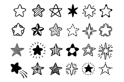 Hand drawn stars. Doodle drawing star, starry sketch and favorites sta