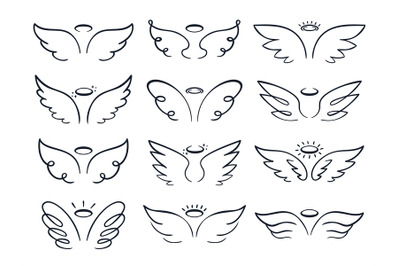 Cartoon sketch wing. Hand drawn angels wings spread&2C; winged icon doodl