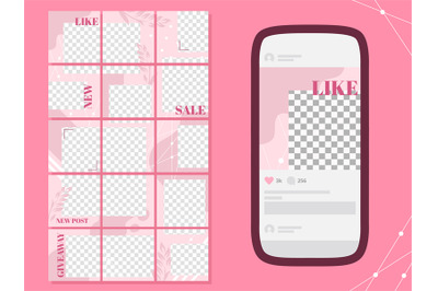 Pink post template. Social media puzzle photo frames posts, flowers po