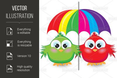 Two cartoon sparrow under the colorful umbrella