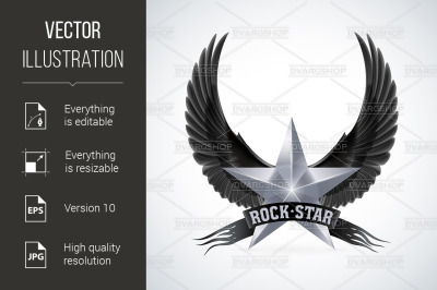 Silver star with Rock Star banner and wings