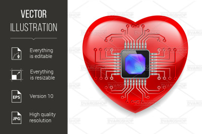 Red heart with microchip