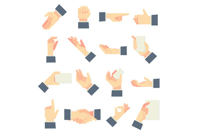 Businessman hands gestures. Direction pointing hand, giving handful ge