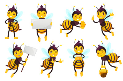 Cartoon bee character. Bees honey, flying cute honeybee and funny yell