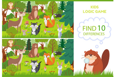 Forest animals find differences game. Educational kids games character