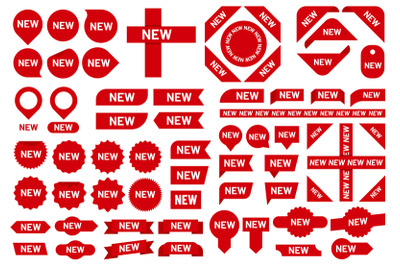 New sticker badge. Newest arrival sale ribbon stickers, red badges and