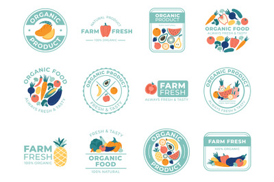 Fresh fruits and vegetables badges. Organic food, natural products and