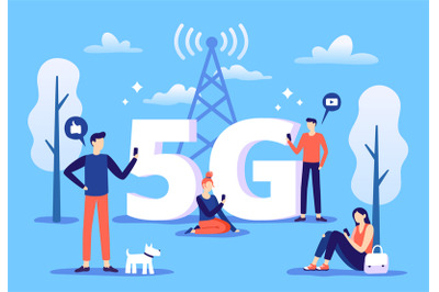 Mobile 5g connection. People with smartphones use high speed internet,