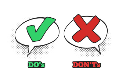 Do and Dont comic sign. Ok check mark, No dialogue cloud box and red c