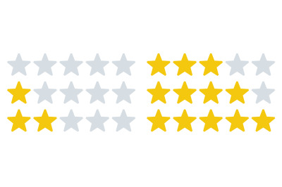 Rating stars icons. Star rates, feedback ratings and rate review. Five