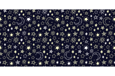 Star pattern. Starry sky, crescent moon and bright yellow stars seamle