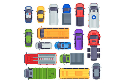 Top view public transport. Taxi car, city buses and ambulance vehicle.