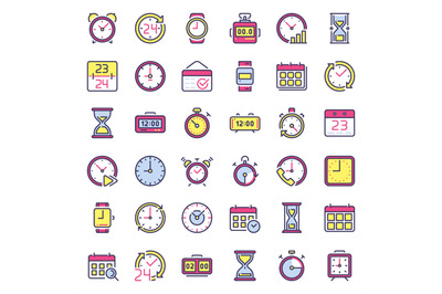 Time icons. Alarm clock, hourglass timer and deadline watch. Colorful