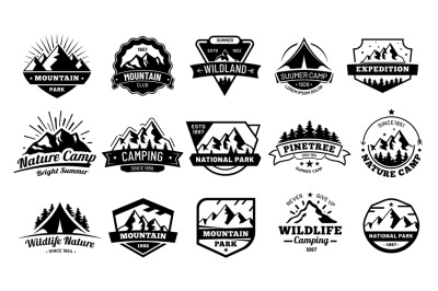 Outdoors nature badges. Adventure emblem, vintage wilderness label and