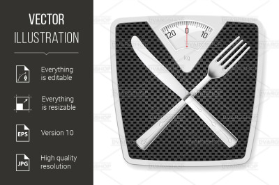 Bathroom scales with fork and knife.