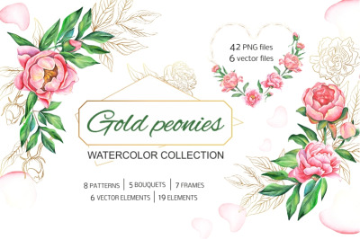 watercolor gold peonies