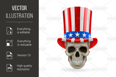 Human skull with Uncle Sam hat on