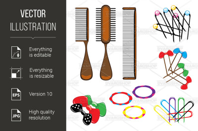 Three types of combs and a variety of beautiful hair accessories