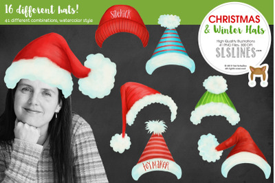 Christmas &amp; Winter Watercolor Hats Clipart