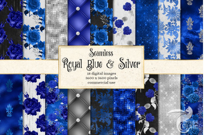 Royal Blue and Silver Floral Digital Paper