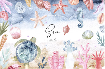 Watercolor Sea Collection. Patterns and Cliparts