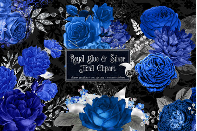 Royal Blue and Silver Floral Clipart