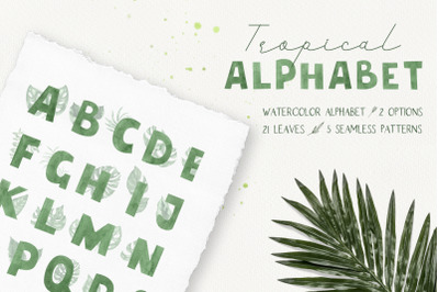 Tropical alphabet. Hand drawn watercolor illustrations