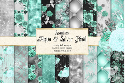 Aqua and Silver Floral Digital Paper